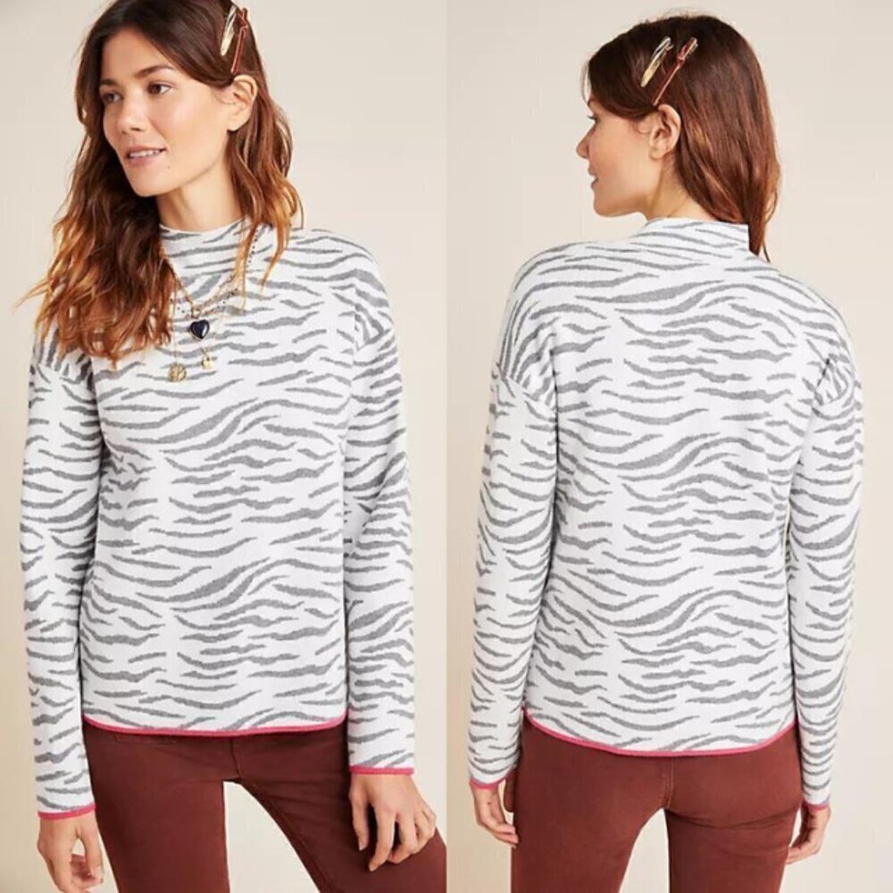 Anthropologie Lizzie Mock Neck Sweater In White Gray Zebra Print